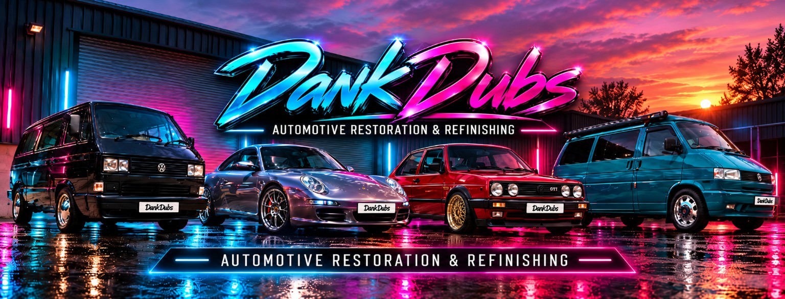 DankDubs brand artwork with a cyan and magenta automotive restoration and refinishing strip