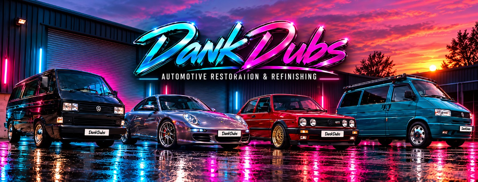 DankDubs cyan and pink chrome artwork with classic Volkswagen vans, Porsche and Golf GTI