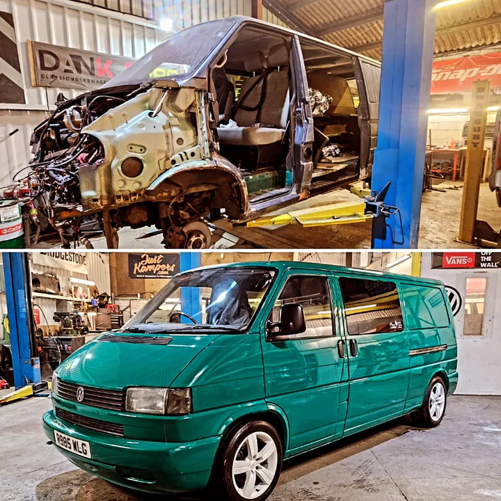 Two-panel Volkswagen T4 Transporter comparison showing dismantled front bodywork on a lift above the assembled exterior.