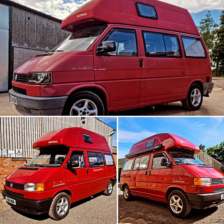 Three-panel comparison of a Volkswagen T4 California camper exterior from several stages and angles.