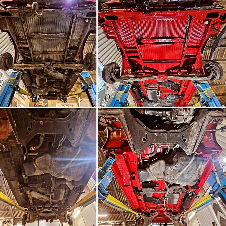 Vehicle underside photographed on the workshop lift.