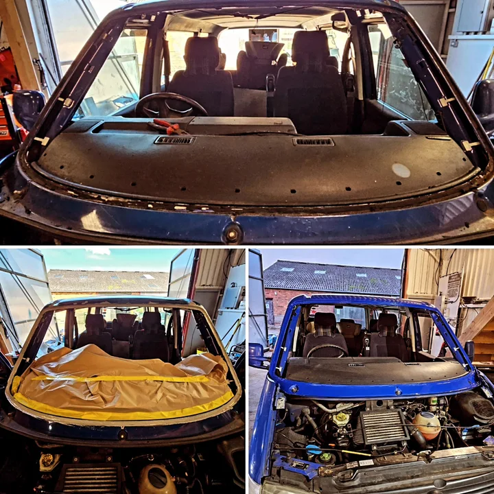Three-panel collage of a Volkswagen T4 Transporter showing an exposed windscreen opening, masking and a refinished surround.