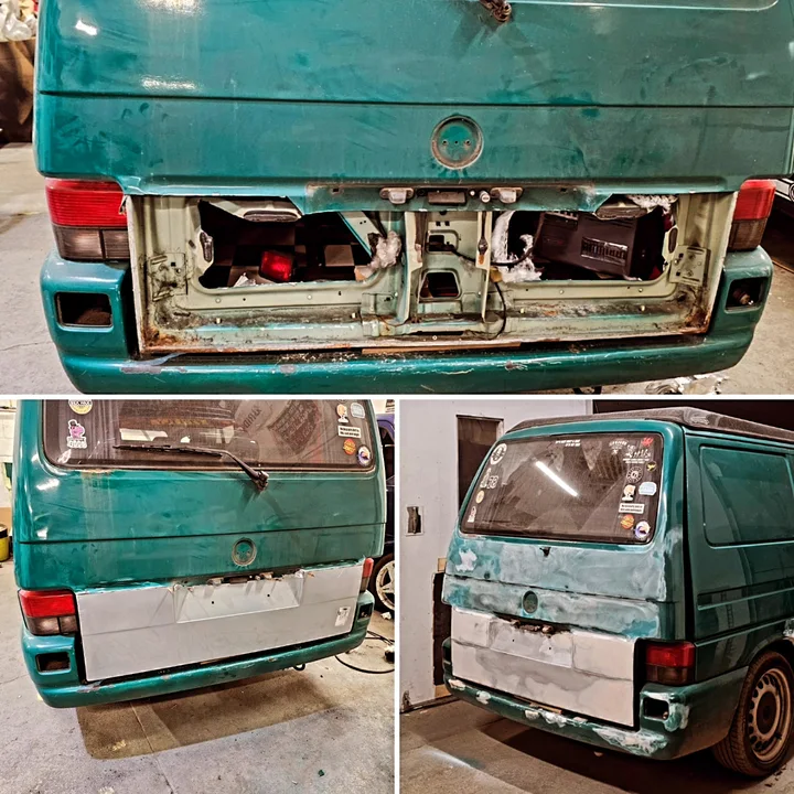 Three-panel Volkswagen T4 Transporter tailgate collage showing an exposed corroded lower section, a replacement panel and sanded surfaces.