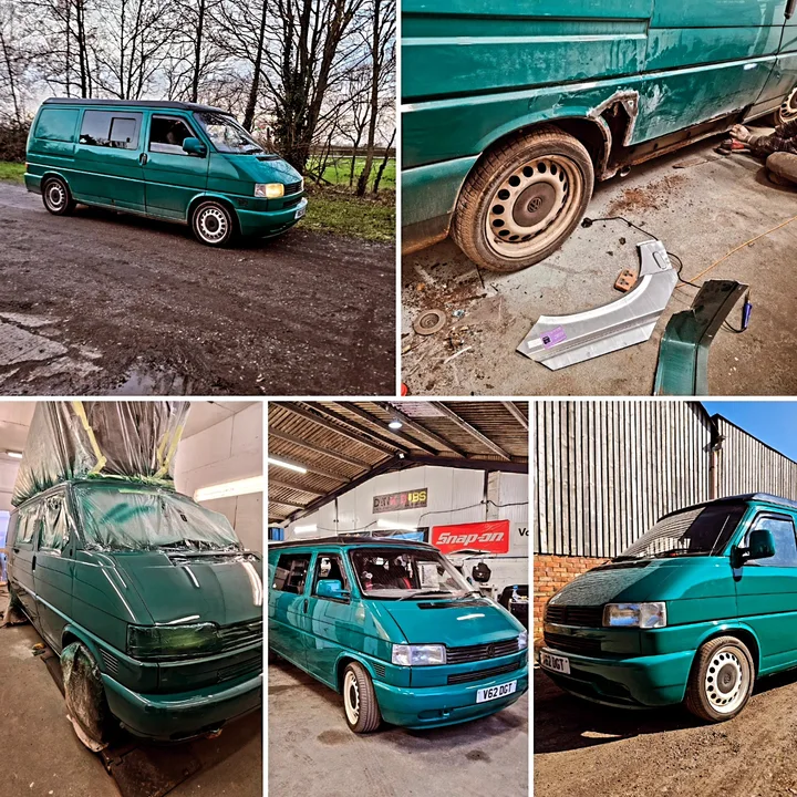 Five-panel Volkswagen T4 Transporter collage showing exposed rear wheel-arch metalwork, masking and painted exterior views.