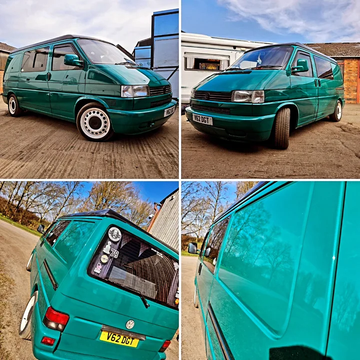 Four-panel Volkswagen T4 Transporter collage showing front views, the rear quarter and reflective side paint.