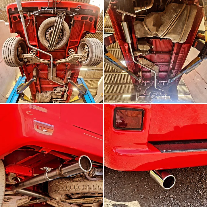 Four-image collage showing the red T4 Transporter underside, exhaust and rear body details.