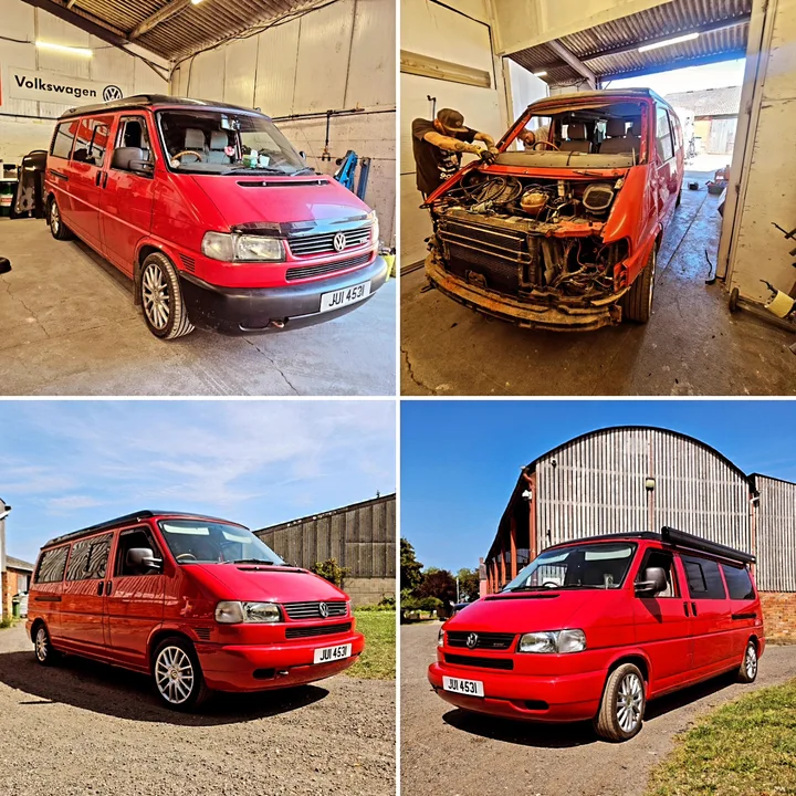 Four-image collage of a red T4 Transporter in the workshop with front components removed and parked outside with its front assembled.