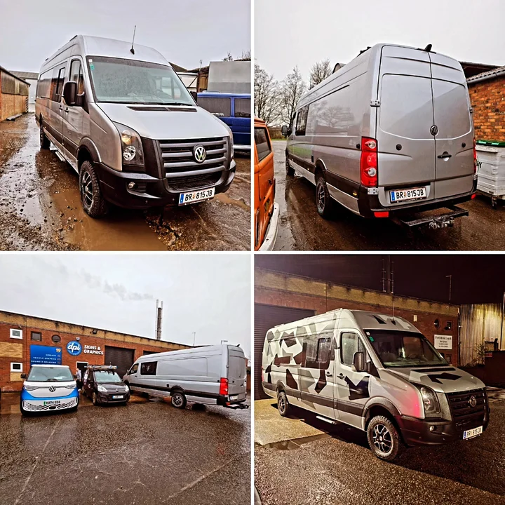 Four-image collage showing a silver Crafter outside and a patterned Crafter inside a workshop.