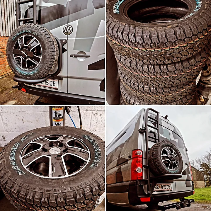 Four-image collage showing the Crafter rear-mounted spare wheel, loose tyres, an alloy wheel and the rear of the van.