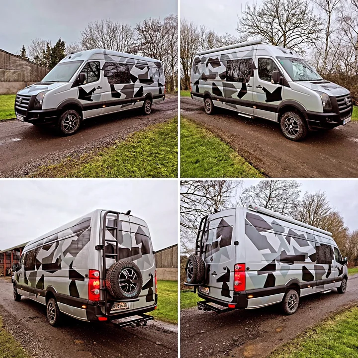 Four-image collage showing the patterned Crafter from front and rear angles outdoors.