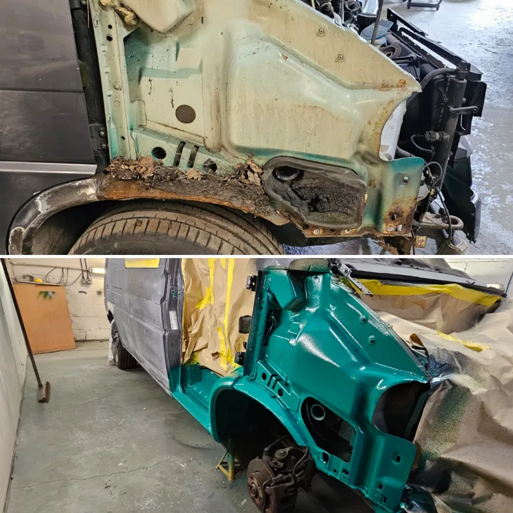 Before and after collage of a Volkswagen T4 showing corroded front bodywork followed by turquoise refinishing