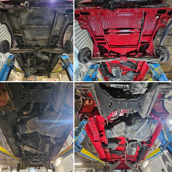 Four workshop views of a Volkswagen T25 comparing its underside before work with its red refinished floorpan
