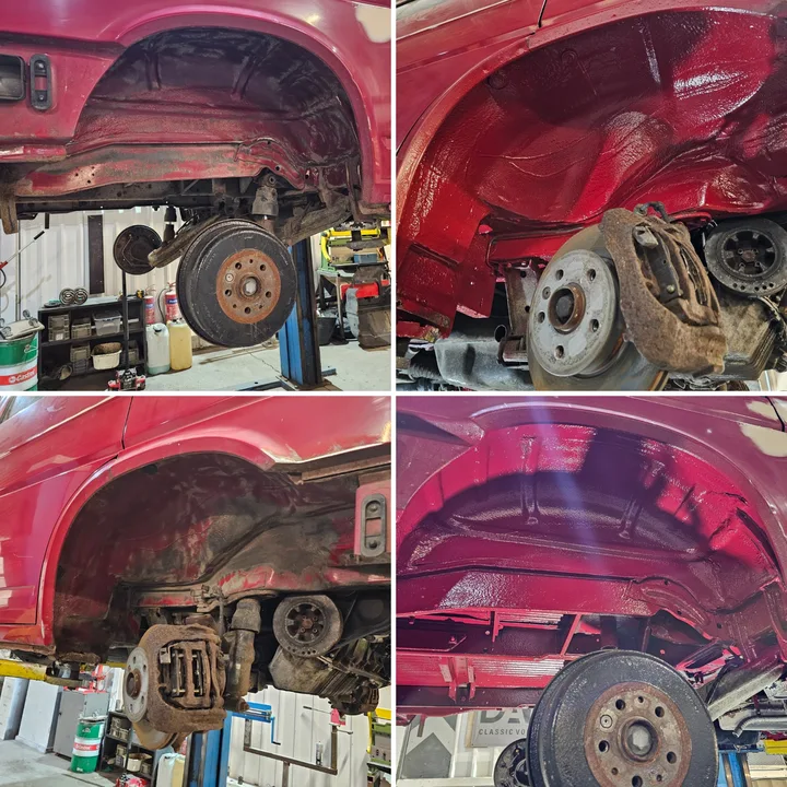 Four-image comparison of a Volkswagen T25 showing wheel arches before work and after a red textured finish