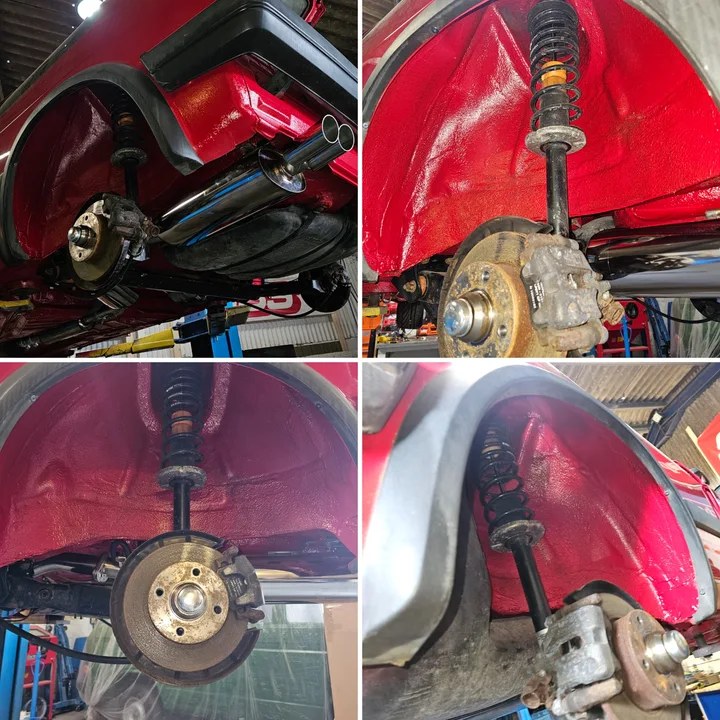 Four close views of red refinished wheel arches around the suspension, brake assemblies and exhaust