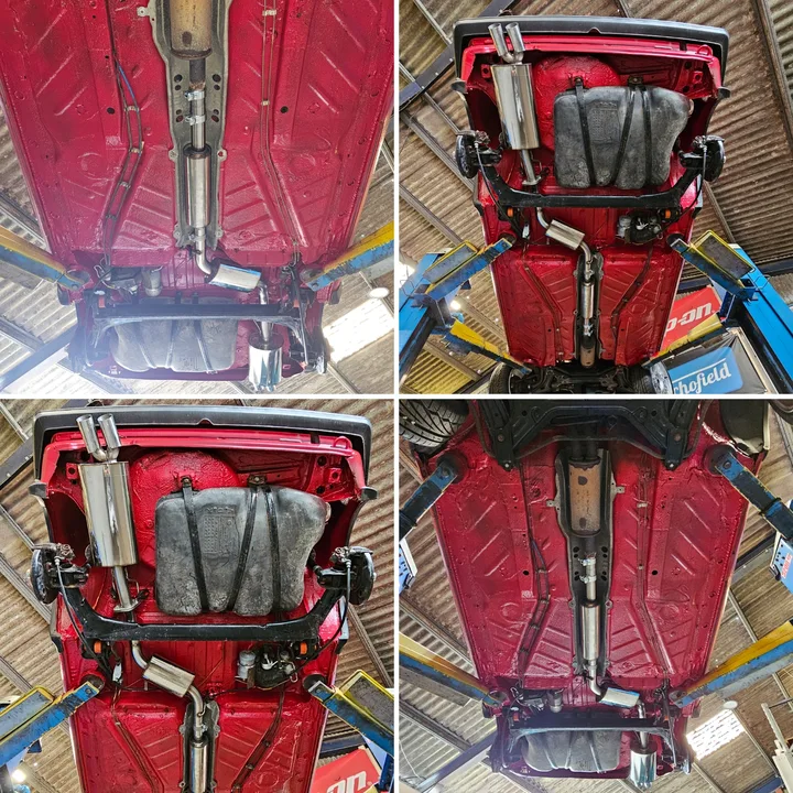 Four views of a red refinished floorpan and underside on a workshop lift