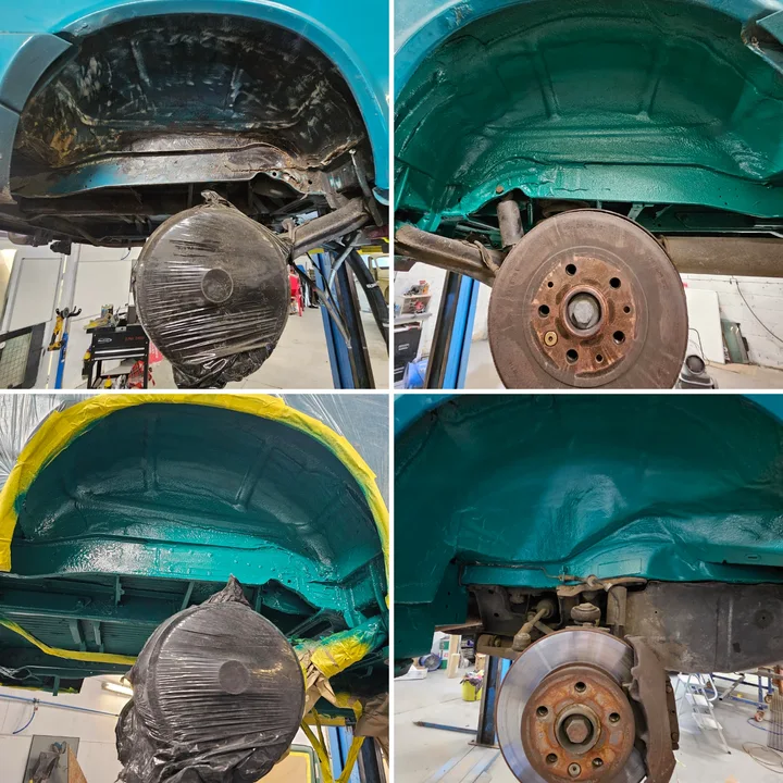 Four-image collage of Volkswagen T25 wheel arches before work and during turquoise refinishing with masking in place